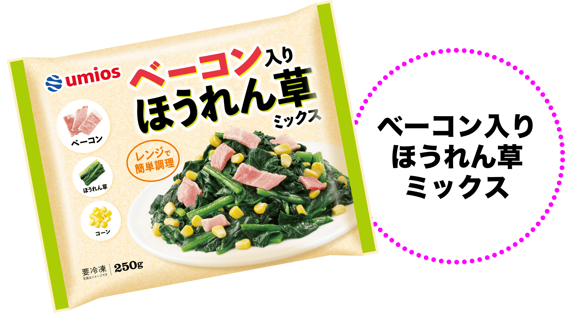 パッケージ写真：ベーコン入りほうれん草ミックス